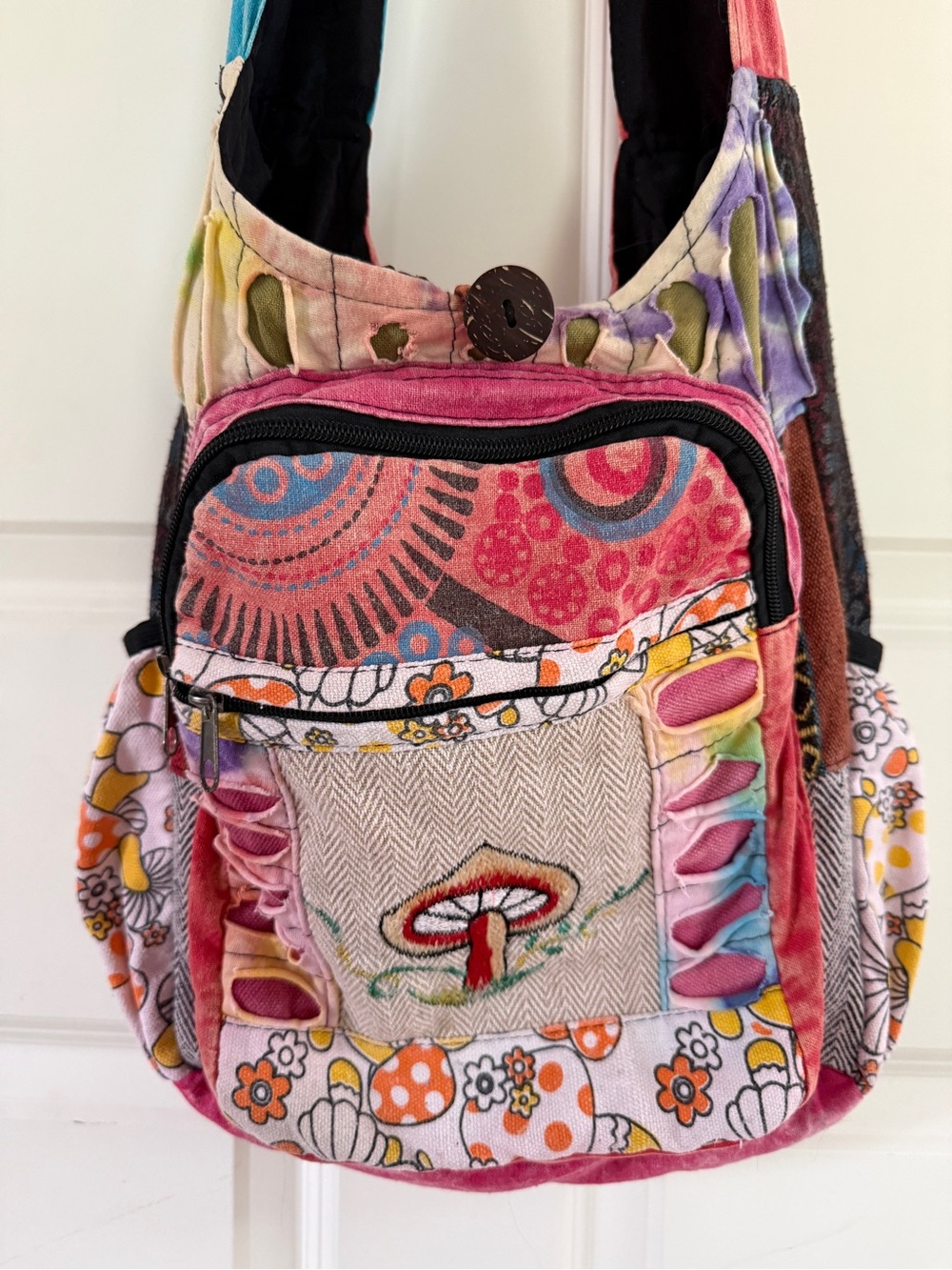 Boho Patchwork Mushroom Crossbody Bag - Pink Multicolor